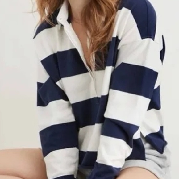 aerie Tops - Aerie Navy and White Striped Rugby Polo